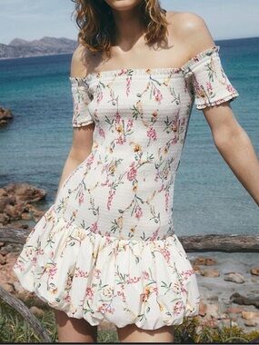 H&M Off shoulder Floral Smocked Puff-Hem Mini Dress in Ivory and Pink